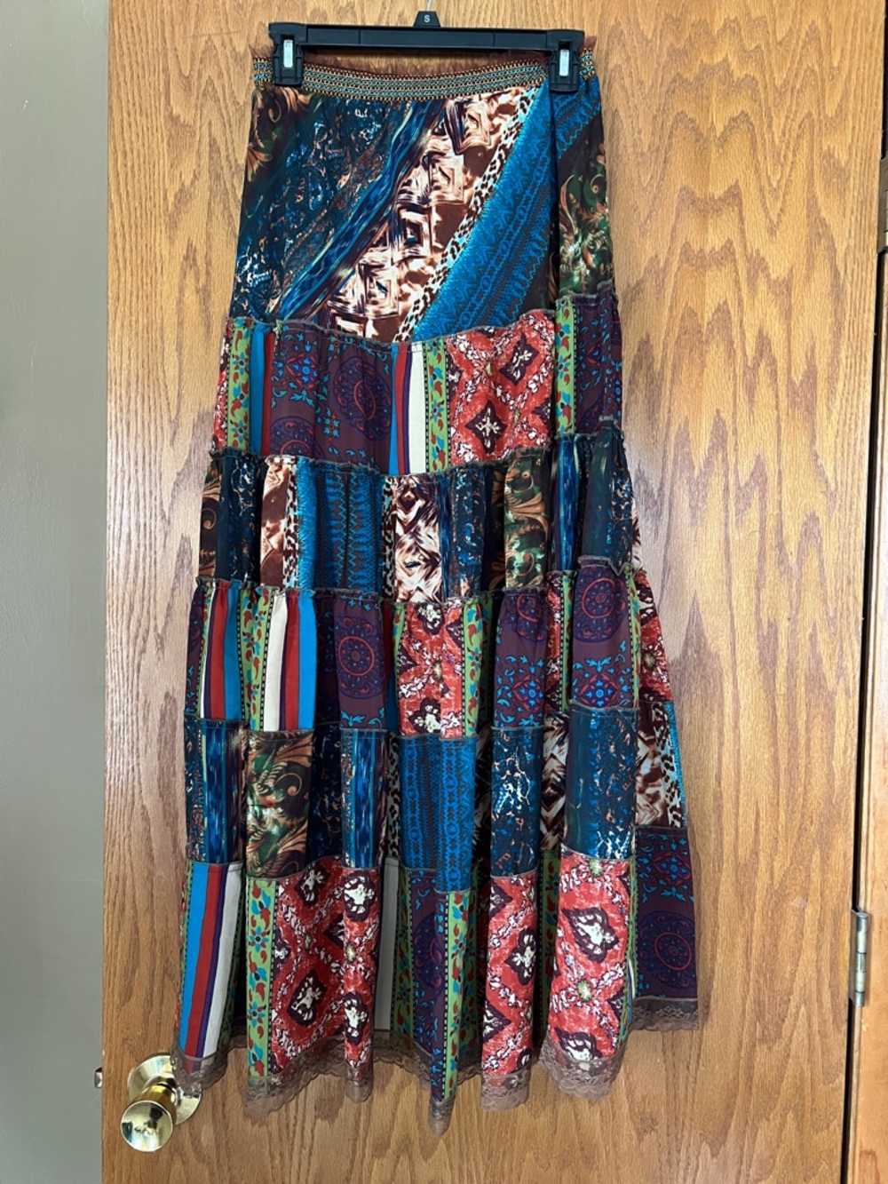 The Pyramid Collection Patchwork Maxi Skirt in Blue, Red, Green, Brown